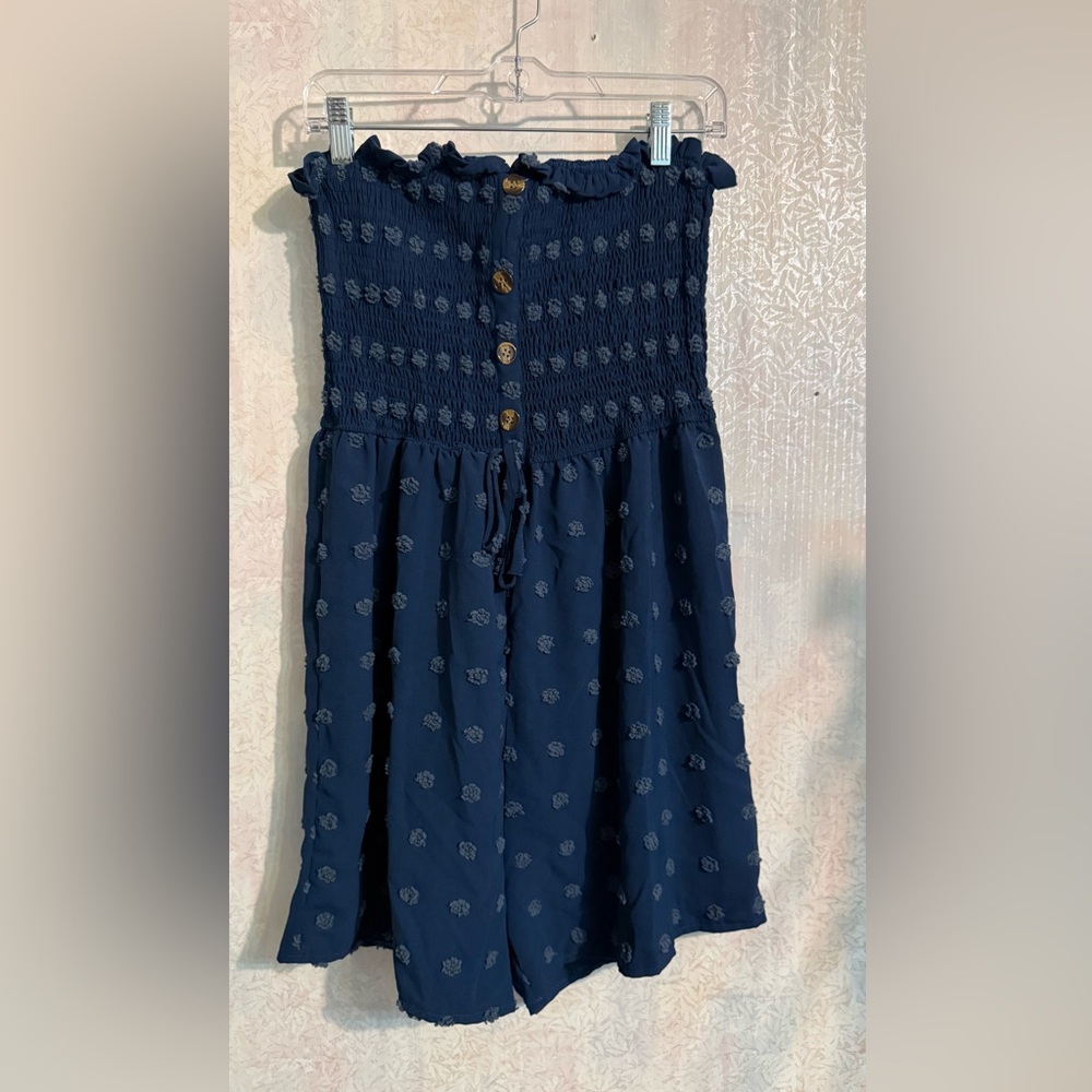 Source Unknown Navy Strapless Textured Smocked Bu… - image 1